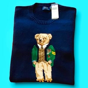 Polo Ralph Lauren Crewneck  Bear Sweater - Navy w/ Green ‘’ P ‘’ Varsity Jacket